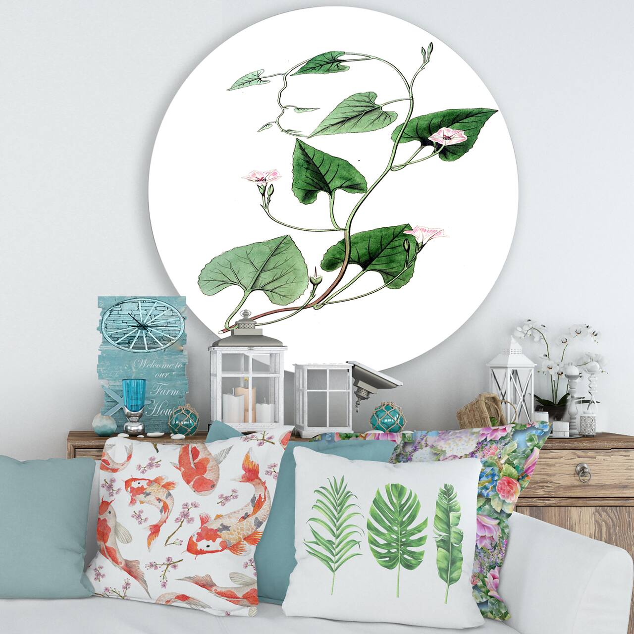 Designart - Vintage Green Leaves Plants IX - Traditional Metal Circle Wall Art
